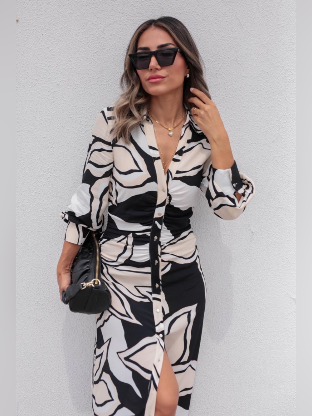 Zara Black & Cream Abstract Button-Front Midi Dress